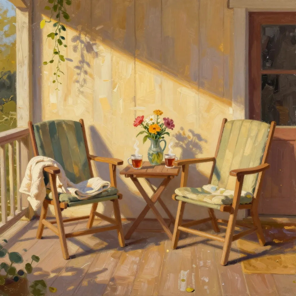 Two chairs turned toward each other on a sunlit porch with two mugs of tea and a jug of garden flowers.