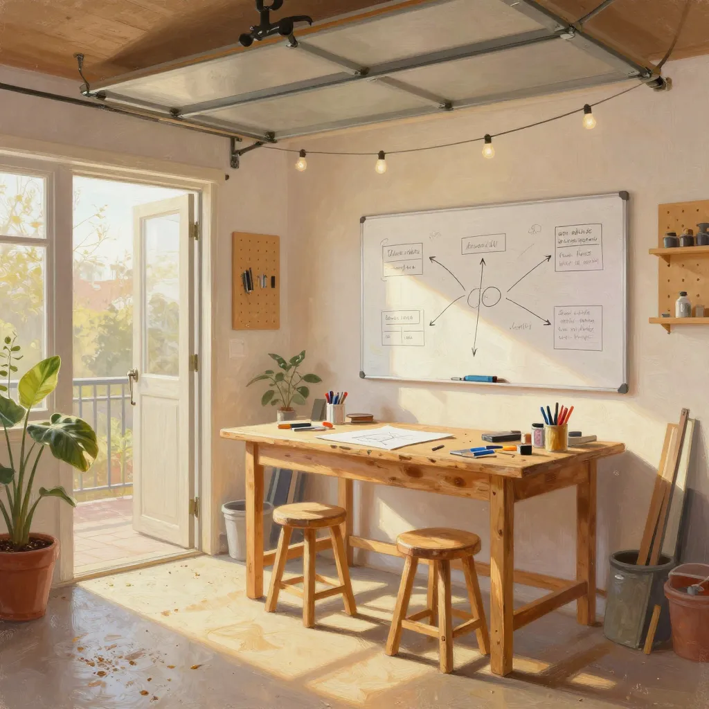 A garage studio open to afternoon sun, with a whiteboard of hand-drawn boxes and arrows and a worktable of sketches.