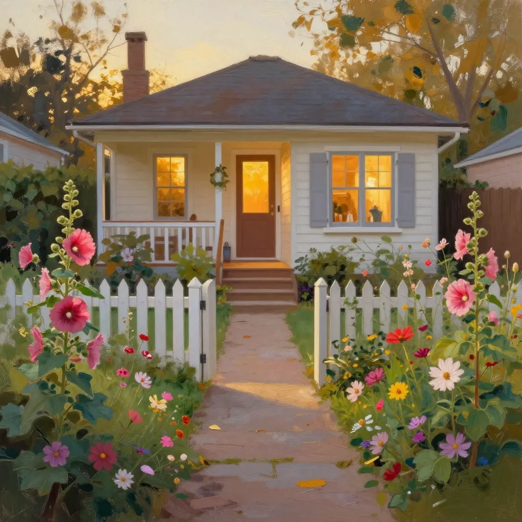A garden path through flowers to the steps of a small bungalow at golden hour, the gate open and the windows lit.