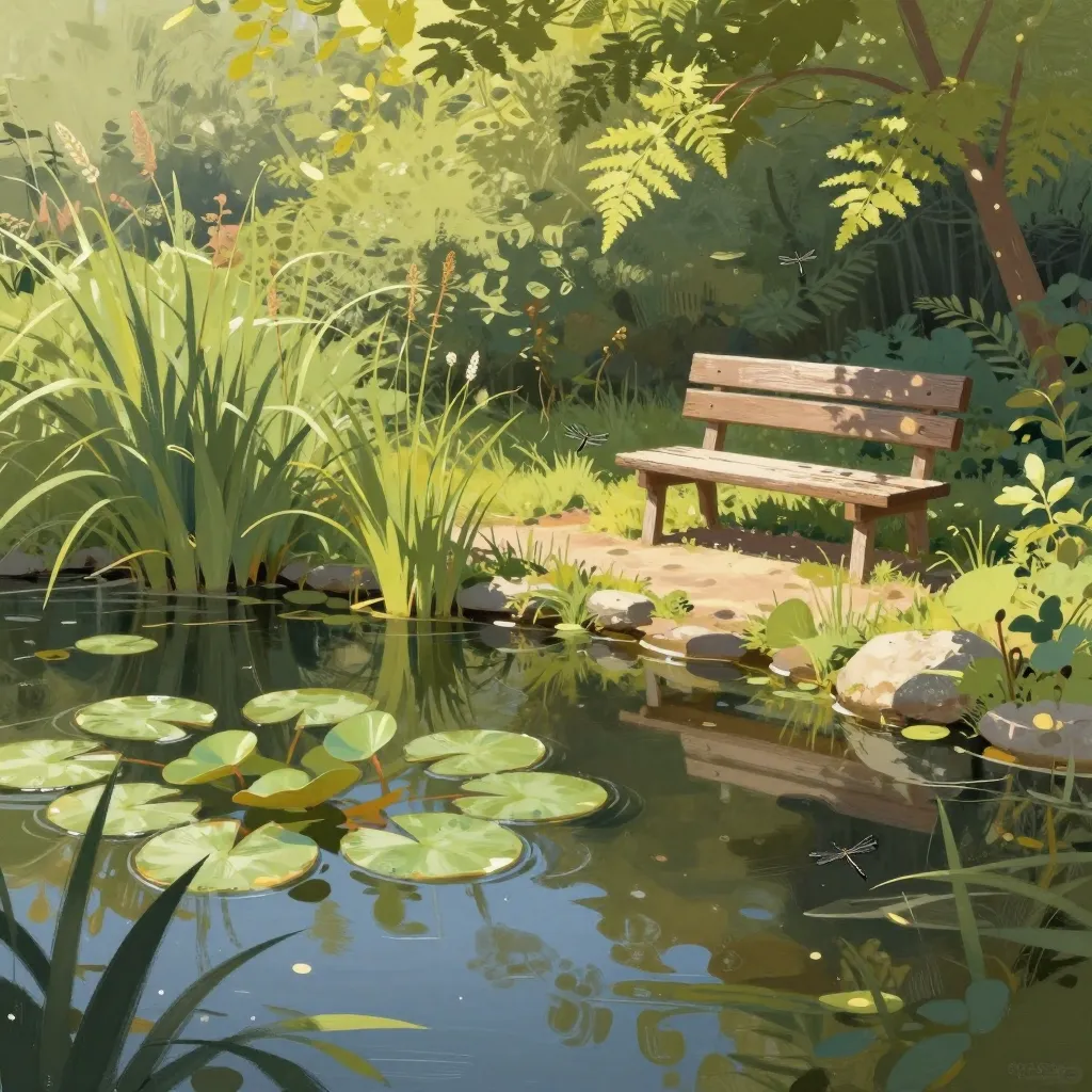 A quiet garden pond with lily pads, tall grasses and a weathered wooden bench.