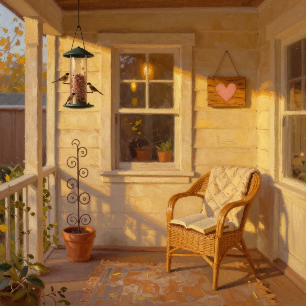 A sunlit bungalow porch with a bird feeder, a wooden heart sign, an open book on a wicker chair and metal yard art in a terracotta pot.