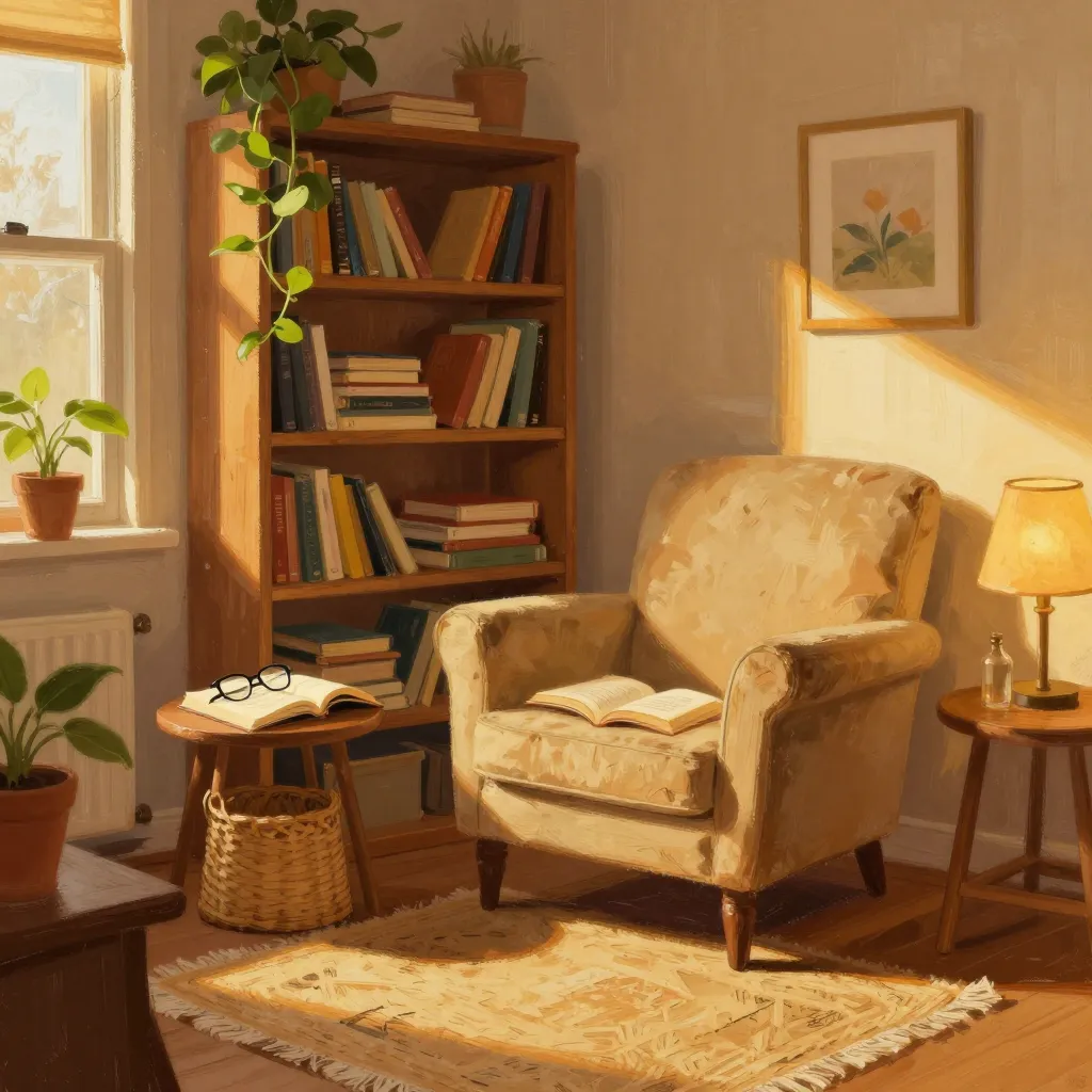 A warm study with full bookshelves, an armchair and an open book in golden afternoon light.